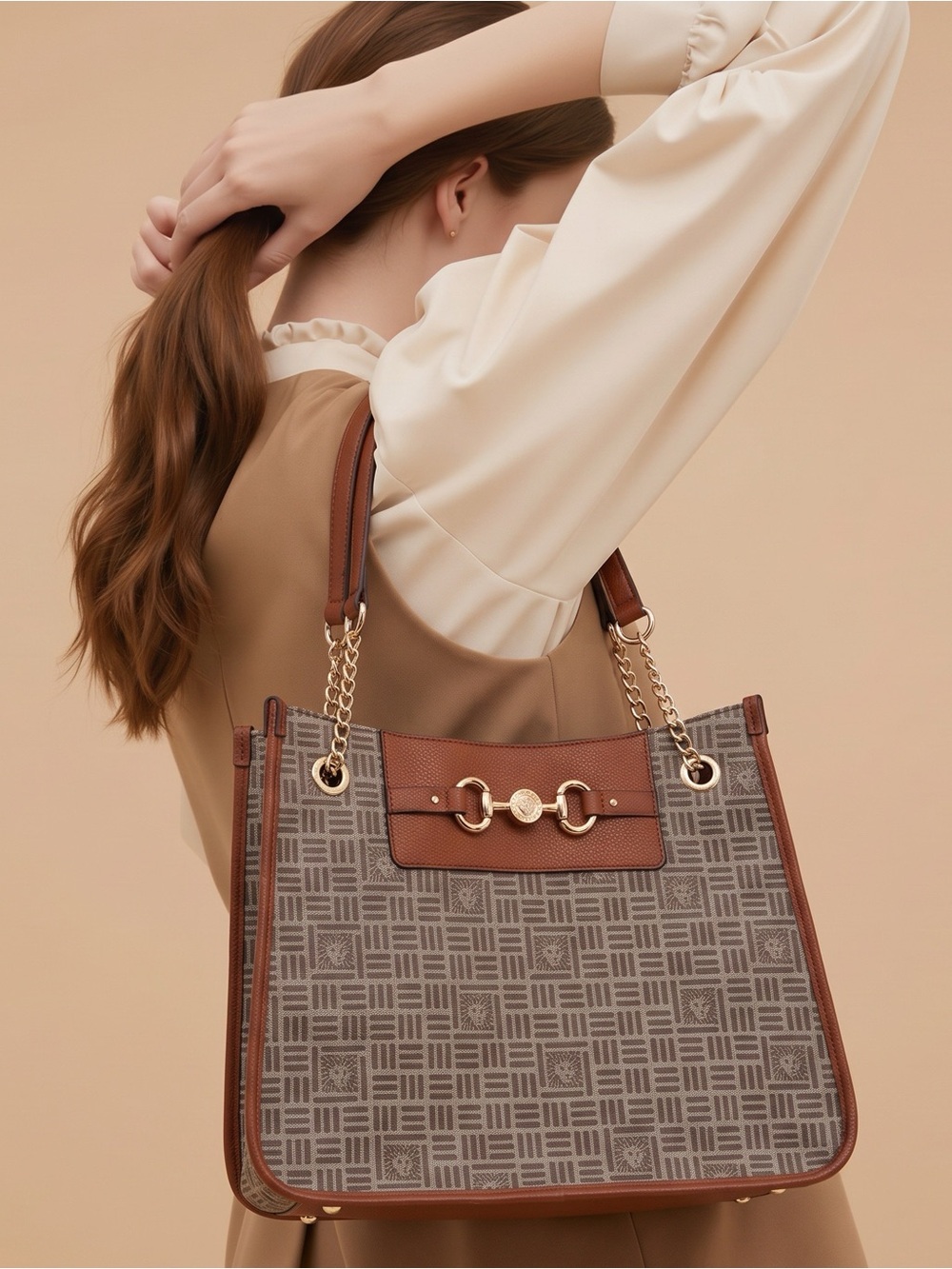 Anne Klein Large Lion Logo Horsebit Tote Bag Monogram Brown Gold